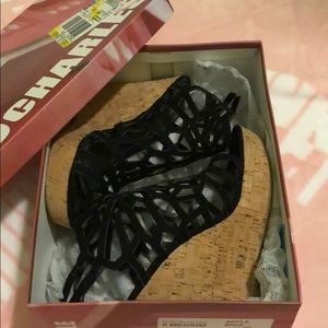 Strappy black and cork wedges